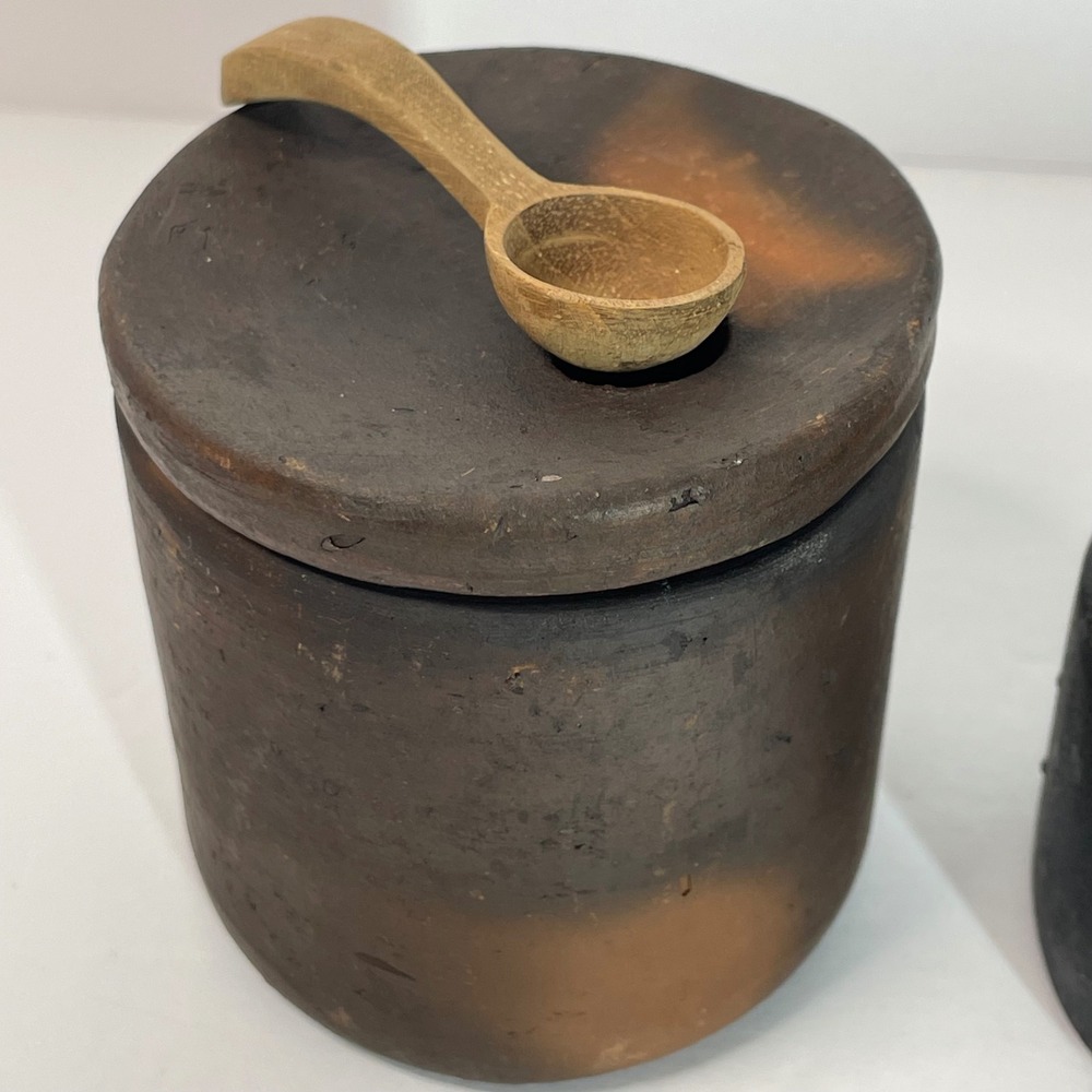 Artisanal Salt Cellar Set Smoke Fired Clay and Carved Stone with Spoons - Picture 2 of 16